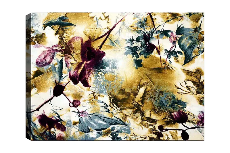 Lærred 70x100 cm - Abstrakt blomsterdesign med et strejf af guld og dybe farver, Guld / Mørkerød / Grøn