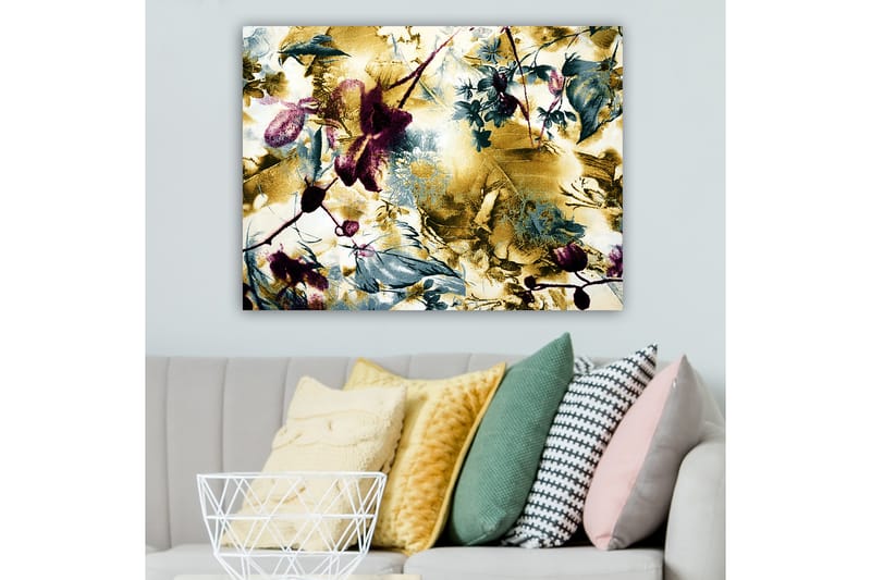 Lærred 70x100 cm - Abstrakt blomsterdesign med et strejf af guld og dybe farver - Guld / Mørkerød / Grøn - Boligtilbehør - Billeder & kunst - Billeder på lærred