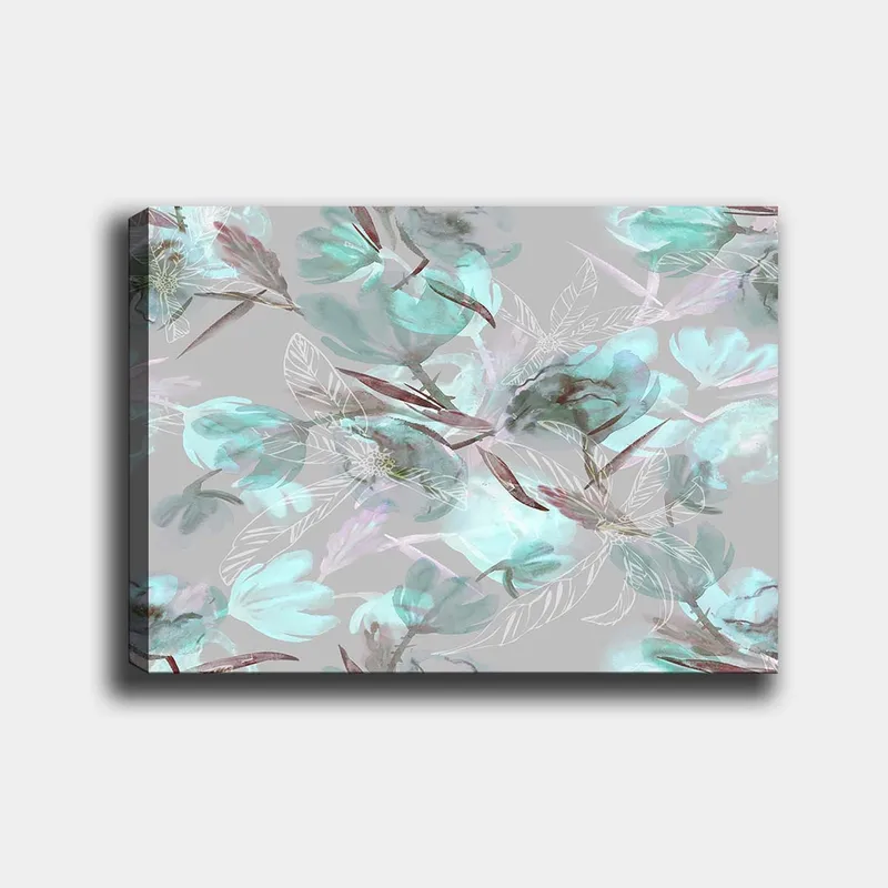 Lærred 70x100 cm - Abstrakt blomstermotiv i bløde pastelfarver, Aqua / Grå / Brun