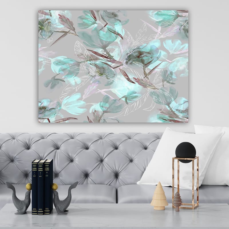 Lærred 70x100 cm - Abstrakt blomstermotiv i bløde pastelfarver - Aqua / Grå / Brun - Boligtilbehør - Billeder & kunst - Billeder på lærred