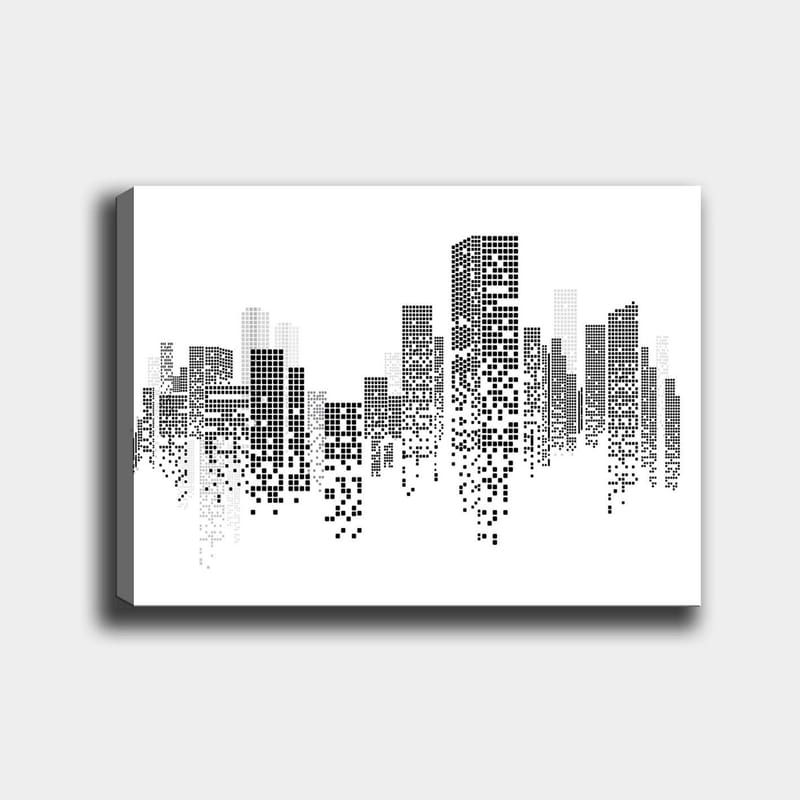Lærred 70x100 cm - Abstrakt bybillede i sort-hvid med pixelmønster, Sort / Hvid / Grå