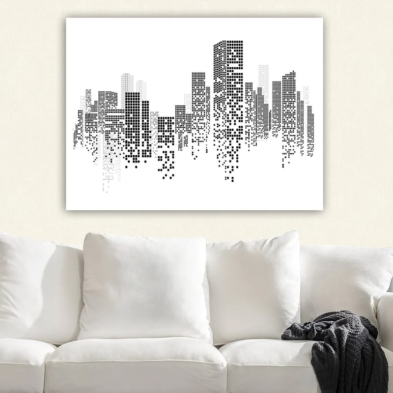 Lærred 70x100 cm - Abstrakt bybillede i sort-hvid med pixelmønster - Sort / Hvid / Grå - Boligtilbehør - Billeder & kunst - Billeder på lærred