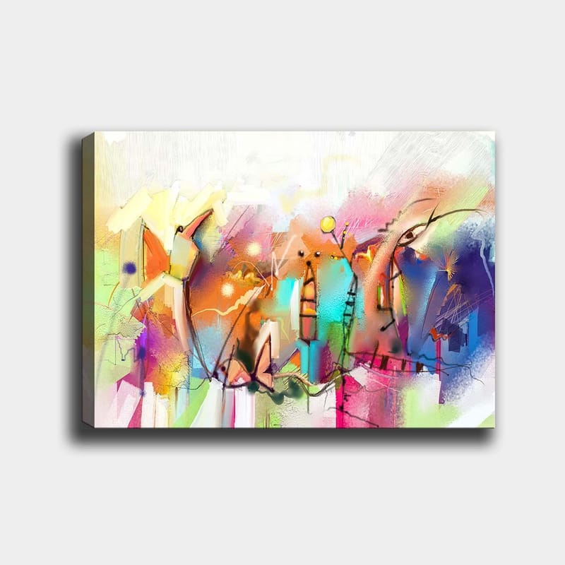 Lærred 70x100 cm - Abstrakt bymotiv med farverige bygninger og dynamiske former, Blå / Lyserød / Gul