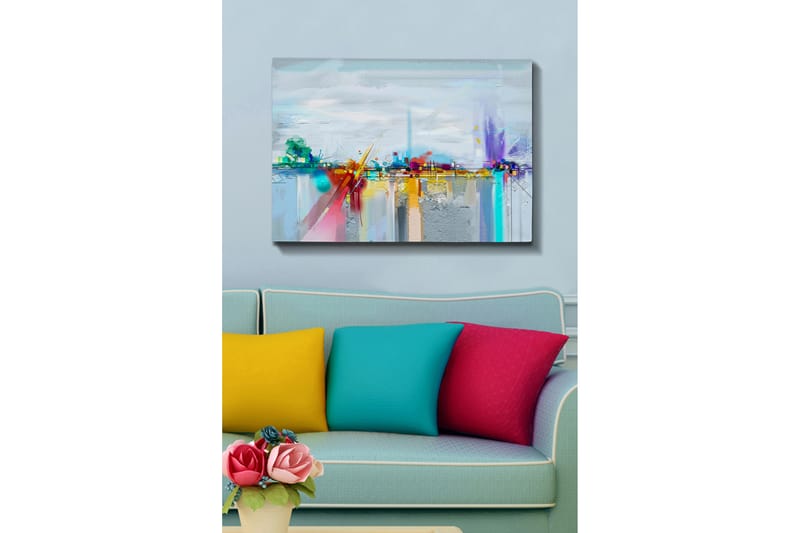 Lærred 70x100 cm - Abstrakt bysilhuet med farverige elementer og refleksioner, Blå / Lilla / Orange