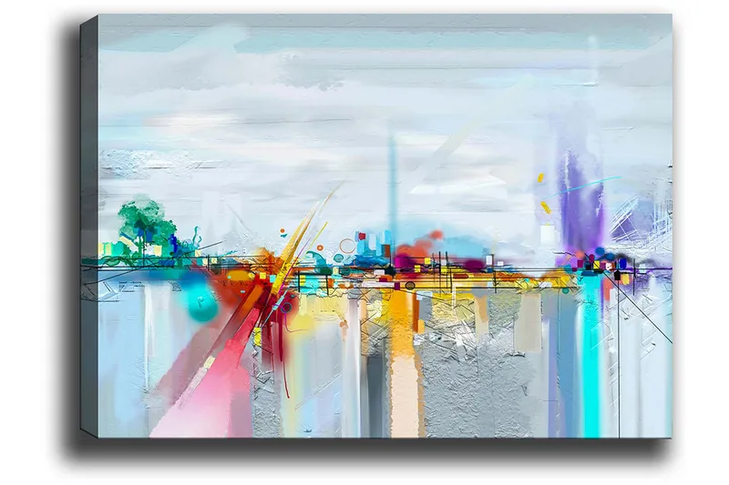 Lærred 70x100 cm - Abstrakt bysilhuet med farverige elementer og refleksioner - Blå / Lilla / Orange - Boligtilbehør - Billeder & kunst - Billeder på lærred