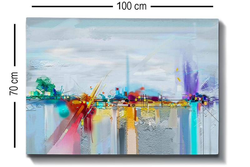 Lærred 70x100 cm - Abstrakt bysilhuet med farverige elementer og refleksioner - Blå / Lilla / Orange - Boligtilbehør - Billeder & kunst - Billeder på lærred