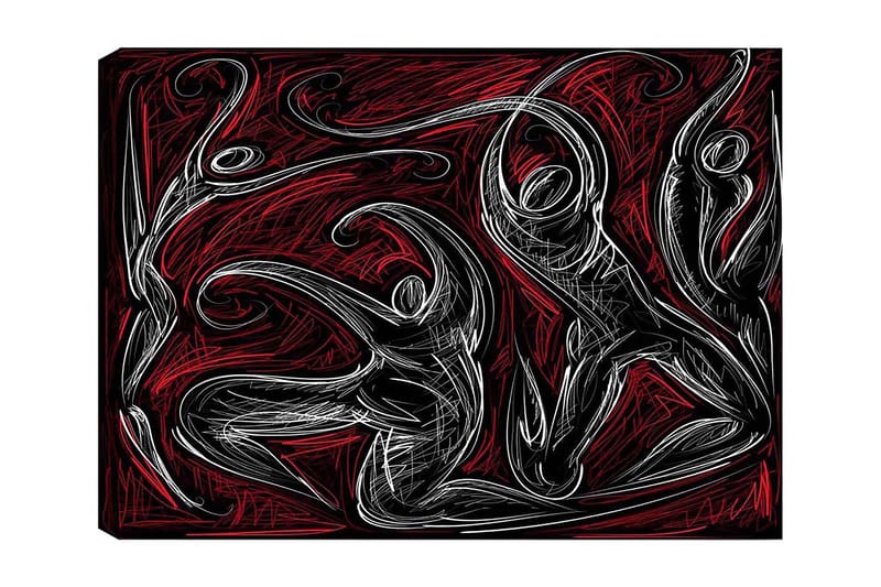 Lærred 70x100 cm - Abstrakt dans med dynamiske figurer, der udtrykker bevægelse og energi, Rød / Sort / Hvid