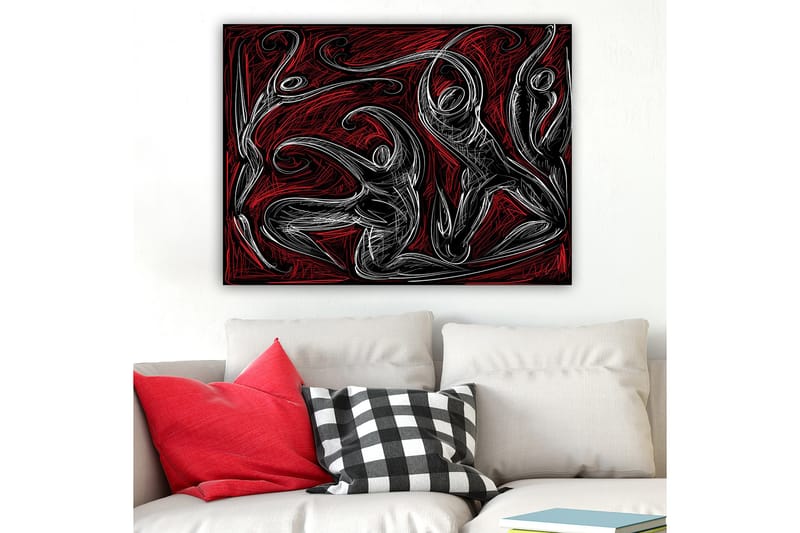 Lærred 70x100 cm - Abstrakt dans med dynamiske figurer, der udtrykker bevægelse og energi - Rød / Sort / Hvid - Boligtilbehør - Billeder & kunst - Billeder på lærred