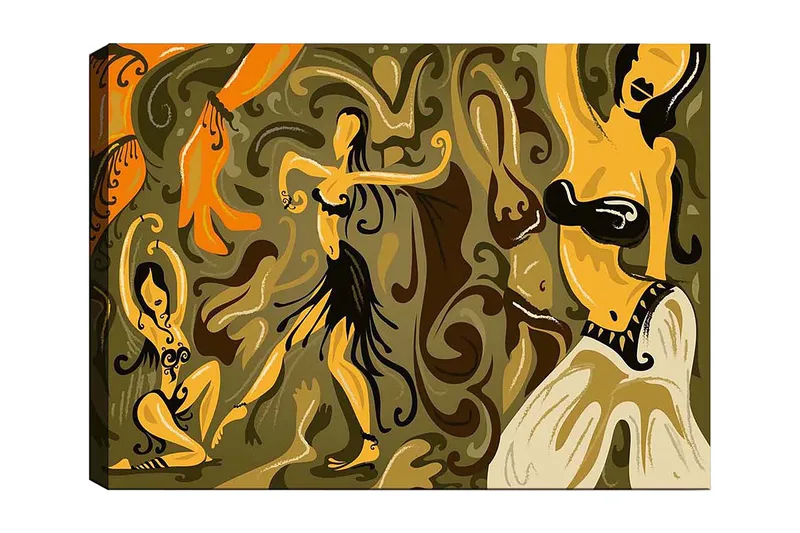 Lærred 70x100 cm - Abstrakt dansemotiv med kvindelige figurer i livlige poseringer, Guld / Brun / Olivengrøn