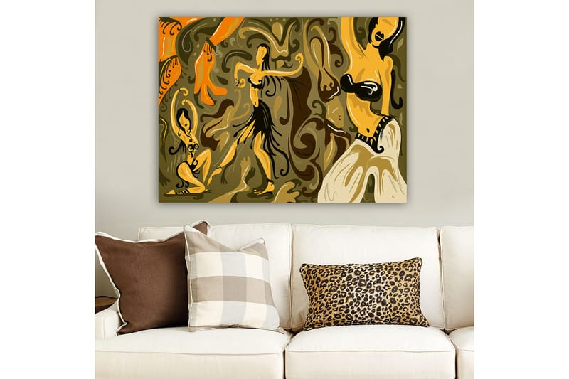 Lærred 70x100 cm - Abstrakt dansemotiv med kvindelige figurer i livlige poseringer - Guld / Brun / Olivengrøn - Boligtilbehør - Billeder & kunst - Billeder på lærred