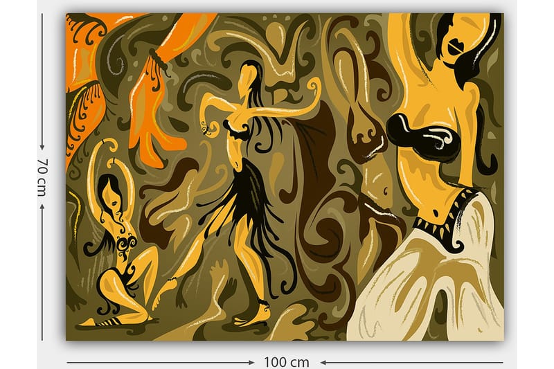 Lærred 70x100 cm - Abstrakt dansemotiv med kvindelige figurer i livlige poseringer - Guld / Brun / Olivengrøn - Boligtilbehør - Billeder & kunst - Billeder på lærred