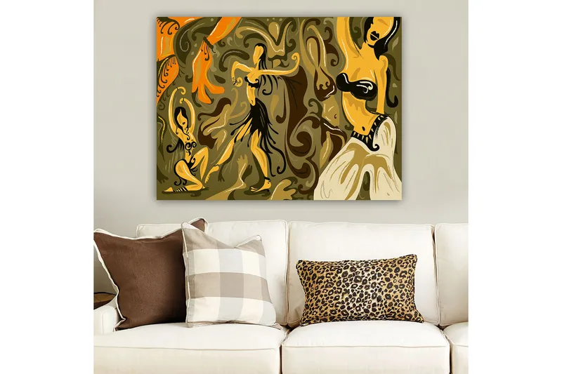 Lærred 70x100 cm - Abstrakt dansemotiv med kvindelige figurer i livlige poseringer - Guld / Brun / Olivengrøn - Boligtilbehør - Billeder & kunst - Billeder på lærred