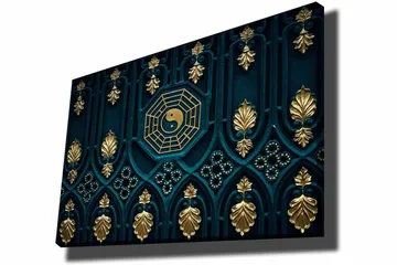 Lærred 70x100 cm - Abstrakt design med yin-yang symbol og dekorative elementer i guld og blå - Mørkeblå / Guld - Boligtilbehør - Billeder & kunst - Billeder på lærred