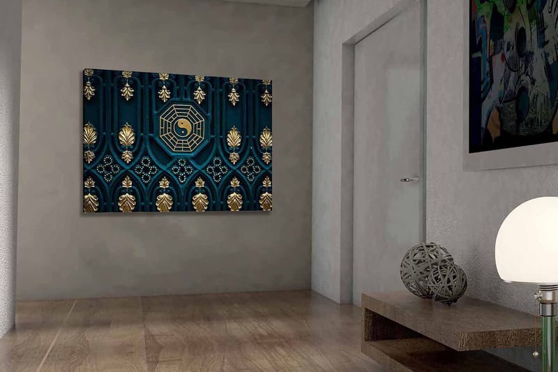 Lærred 70x100 cm - Abstrakt design med yin-yang symbol og dekorative elementer i guld og blå, Mørkeblå / Guld