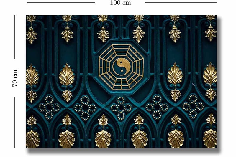 Lærred 70x100 cm - Abstrakt design med yin-yang symbol og dekorative elementer i guld og blå - Mørkeblå / Guld - Boligtilbehør - Billeder & kunst - Billeder på lærred