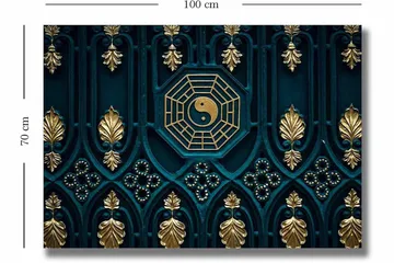 Lærred 70x100 cm - Abstrakt design med yin-yang symbol og dekorative elementer i guld og blå - Mørkeblå / Guld - Boligtilbehør - Billeder & kunst - Billeder på lærred