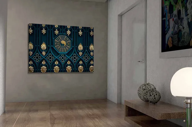 Lærred 70x100 cm - Abstrakt design med yin-yang symbol og dekorative elementer i guld og blå, Mørkeblå / Guld