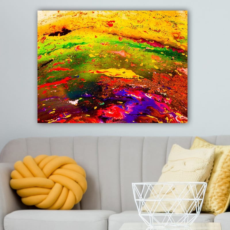 Lærred 70x100 cm - Abstrakt farveeksplosion med dynamiske mønstre og livlige nuancer - Gul / Grøn / Rød - Boligtilbehør - Billeder & kunst - Billeder på lærred