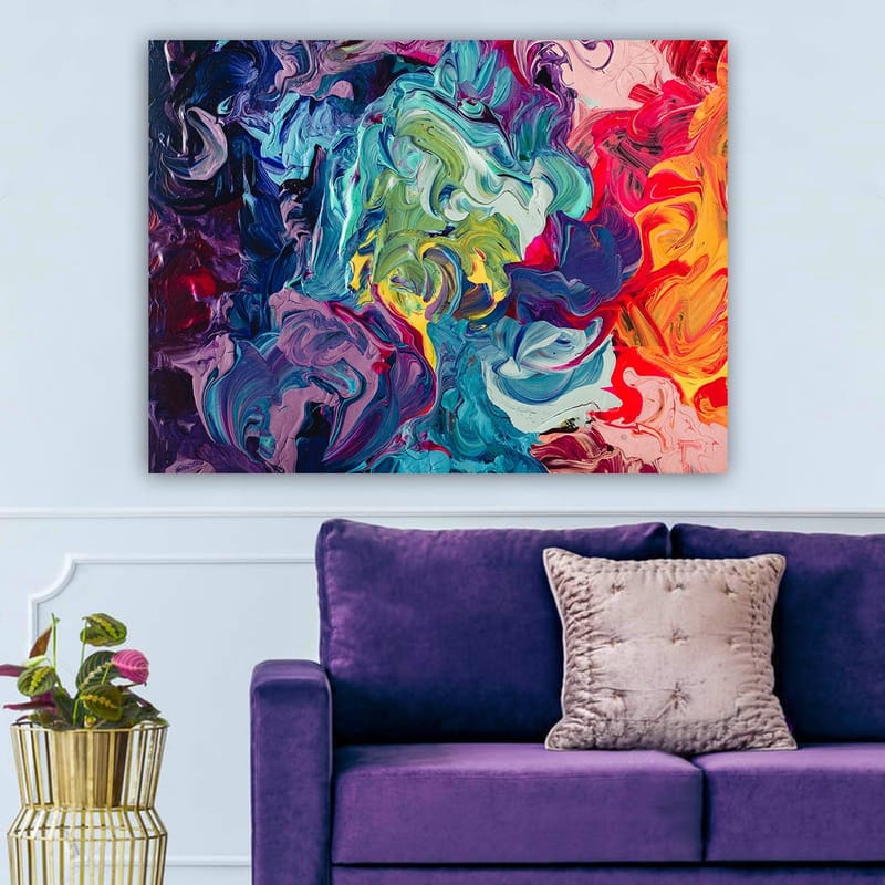 Lærred 70x100 cm - Abstrakt farveeksplosion med hvirvlende mønstre og dynamiske former - Blå / Grøn / Rød - Boligtilbehør - Billeder & kunst - Billeder på lærred