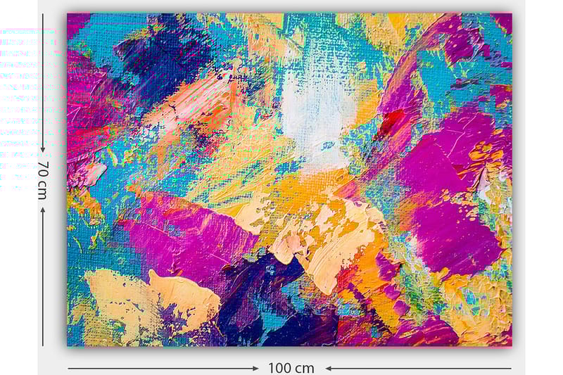Lærred 70x100 cm - Abstrakt farveeksplosion med livlige nuancer, der skaber en dynamisk følelse - Turkis / Lilla / Orange - Boligtilbehør - Billeder & kunst - Billeder på lærred