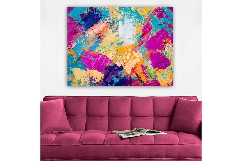 Lærred 70x100 cm - Abstrakt farveeksplosion med livlige nuancer, der skaber en dynamisk følelse - Turkis / Lilla / Orange - Boligtilbehør - Billeder & kunst - Billeder på lærred