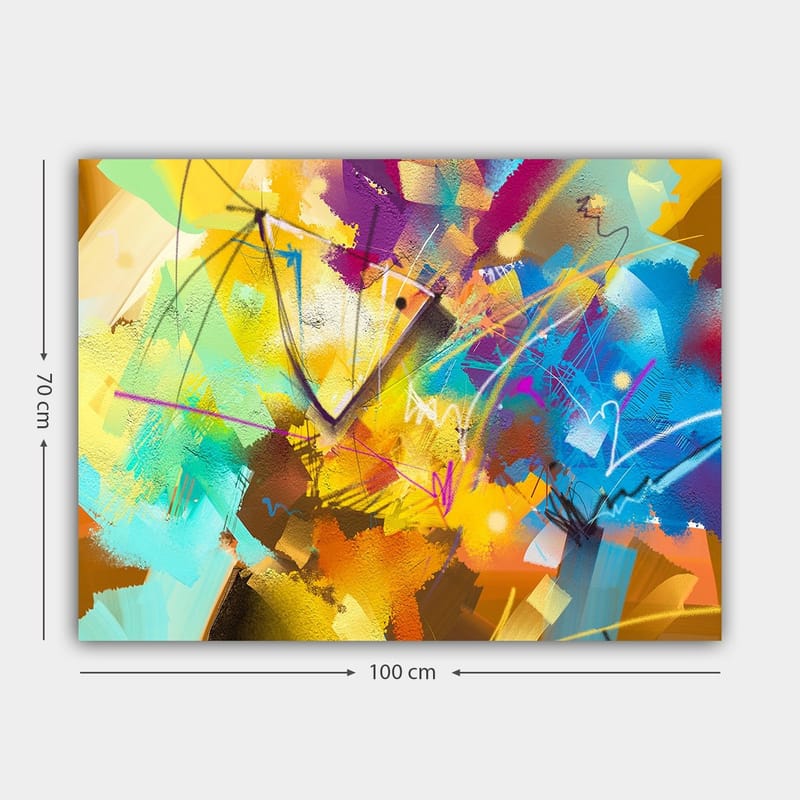 Lærred 70x100 cm - Abstrakt farverig komposition med dynamiske former og linjer - Gul / Blå / Turkis - Boligtilbehør - Billeder & kunst - Billeder på lærred