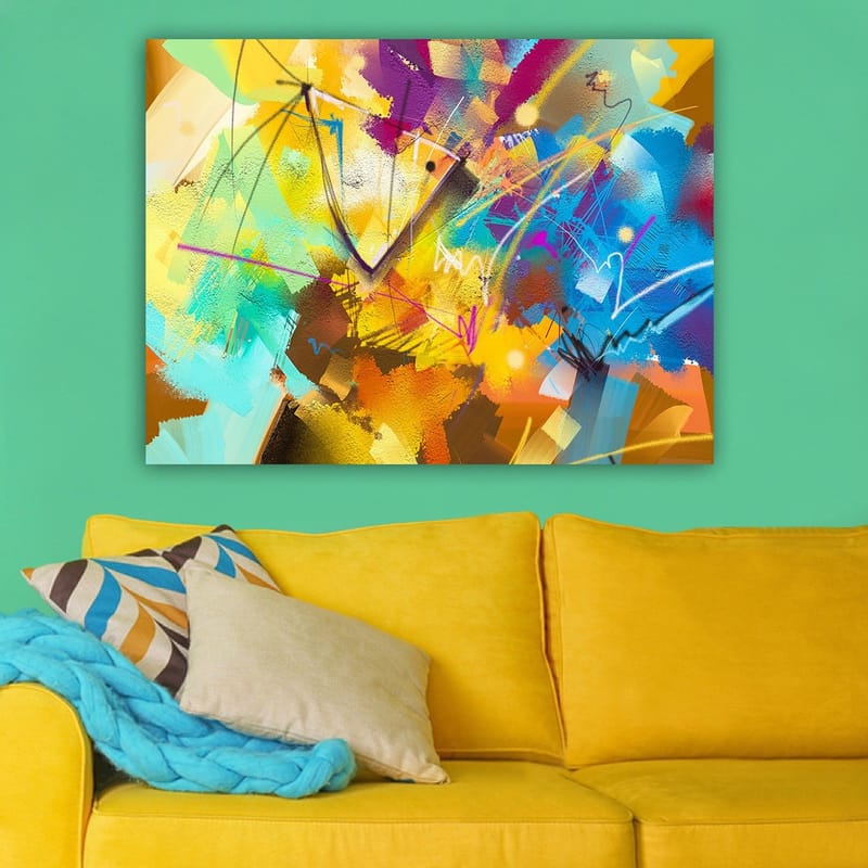 Lærred 70x100 cm - Abstrakt farverig komposition med dynamiske former og linjer - Gul / Blå / Turkis - Boligtilbehør - Billeder & kunst - Billeder på lærred