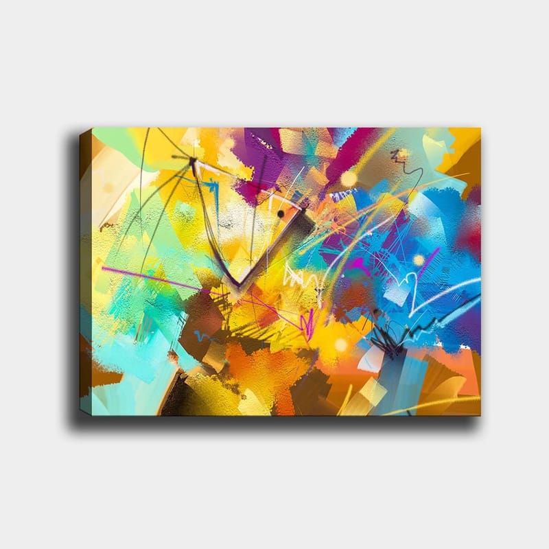 Lærred 70x100 cm - Abstrakt farverig komposition med dynamiske former og linjer, Gul / Blå / Turkis