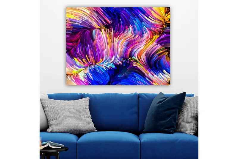 Lærred 70x100 cm - Abstrakt farverig komposition med fejende linjer og former - Lilla / Blå / Gul - Boligtilbehør - Billeder & kunst - Billeder på lærred