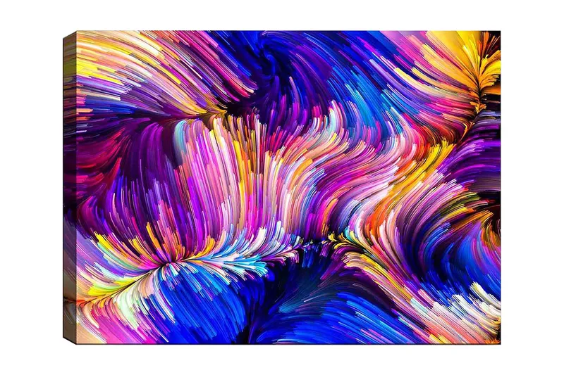 Lærred 70x100 cm - Abstrakt farverig komposition med fejende linjer og former, Lilla / Blå / Gul