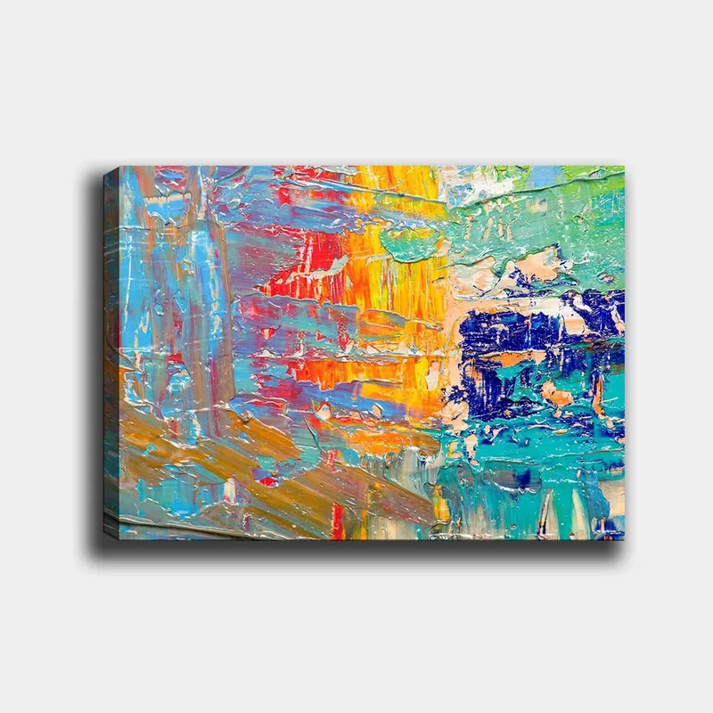 Lærred 70x100 cm - Abstrakt farvespil med elementer af blå, gul og orange, Blå / Gul / Orange