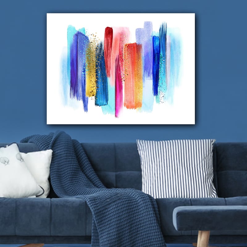 Lærred 70x100 cm - Abstrakt farvespil med lodrette penselstrøg i livlige nuancer - Blå / Rød / Lyserød - Boligtilbehør - Billeder & kunst - Billeder på lærred