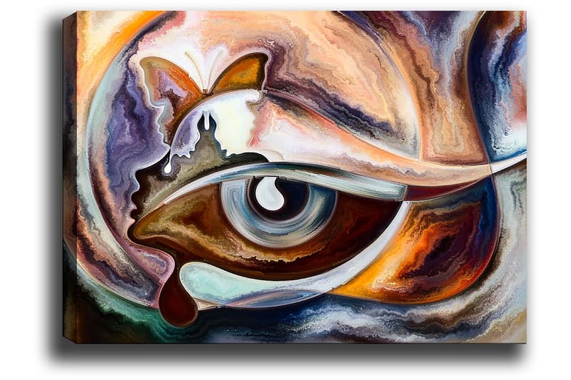 Lærred 70x100 cm - Abstrakt fortolkning af et øje med elementer af en sommerfugl og en ansigtsprofil - Blå / Brun / Orange - Boligtilbehør - Billeder & kunst - Billeder på lærred