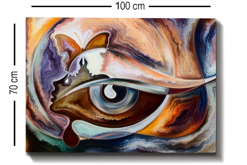 Lærred 70x100 cm - Abstrakt fortolkning af et øje med elementer af en sommerfugl og en ansigtsprofil - Blå / Brun / Orange - Boligtilbehør - Billeder & kunst - Billeder på lærred