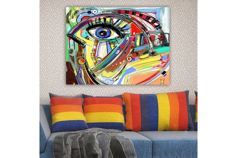 Lærred 70x100 cm - Abstrakt fortolkning af et ansigt med fokus på øjet, Blå / Gul / Rød