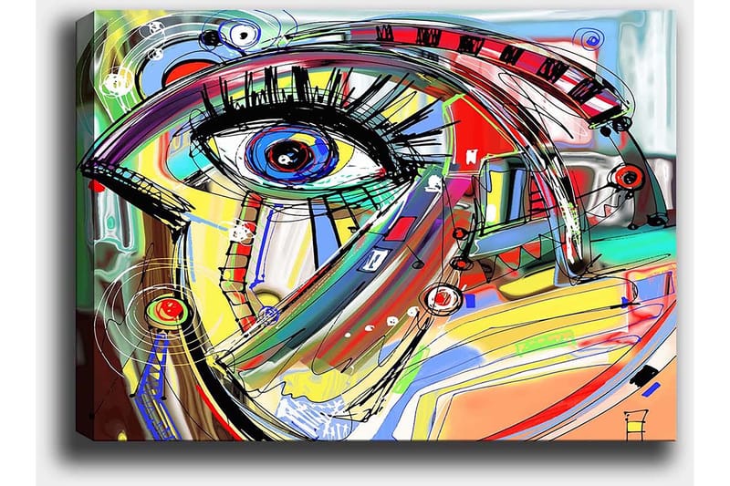 Lærred 70x100 cm - Abstrakt fortolkning af et ansigt med fokus på øjet - Blå / Gul / Rød - Boligtilbehør - Billeder & kunst - Billeder på lærred