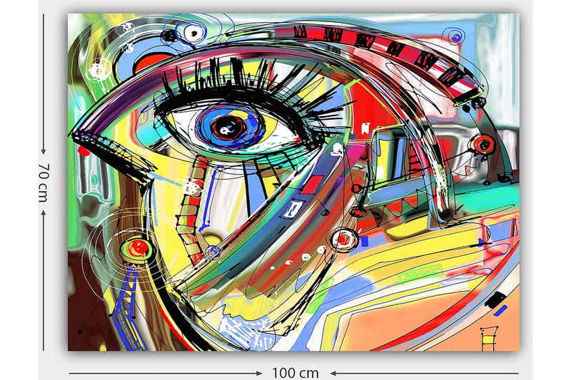 Lærred 70x100 cm - Abstrakt fortolkning af et ansigt med fokus på øjet - Blå / Gul / Rød - Boligtilbehør - Billeder & kunst - Billeder på lærred