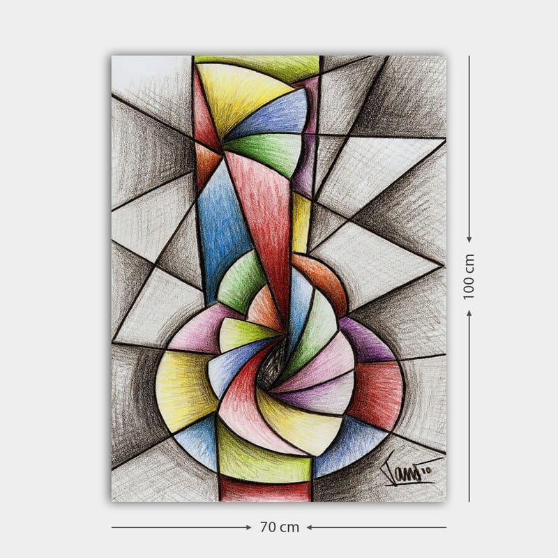 Lærred 70x100 cm - Abstrakt geometrisk komposition med en spiralform, der dominerer motivet - Grøn / Blå / Rød - Boligtilbehør - Billeder & kunst - Billeder på lærred