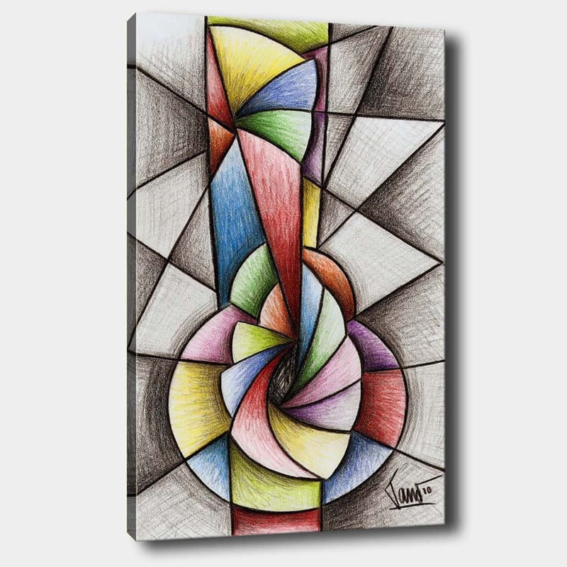 Lærred 70x100 cm - Abstrakt geometrisk komposition med en spiralform, der dominerer motivet, Grøn / Blå / Rød