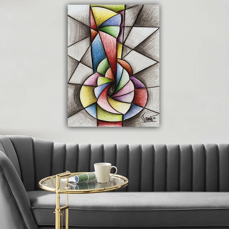 Lærred 70x100 cm - Abstrakt geometrisk komposition med en spiralform, der dominerer motivet - Grøn / Blå / Rød - Boligtilbehør - Billeder & kunst - Billeder på lærred