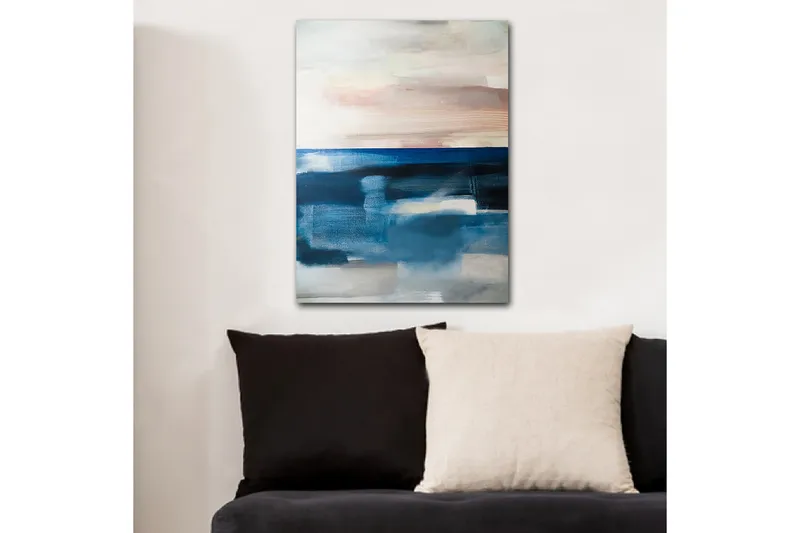 Lærred 70x100 cm - Abstrakt havlandskab med bløde farveovergange, Mørkeblå / Lyseblå / Grå