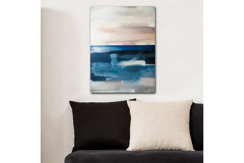 Lærred 70x100 cm - Abstrakt havlandskab med bløde farveovergange, Mørkeblå / Lyseblå / Grå