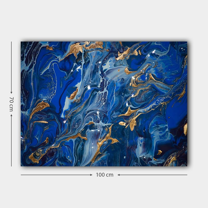 Lærred 70x100 cm - Abstrakt havmotiv med hvirvlende blå nuancer og et strejf af guld - Mørkeblå / Lyseblå / Guld - Boligtilbehør - Billeder & kunst - Billeder på lærred