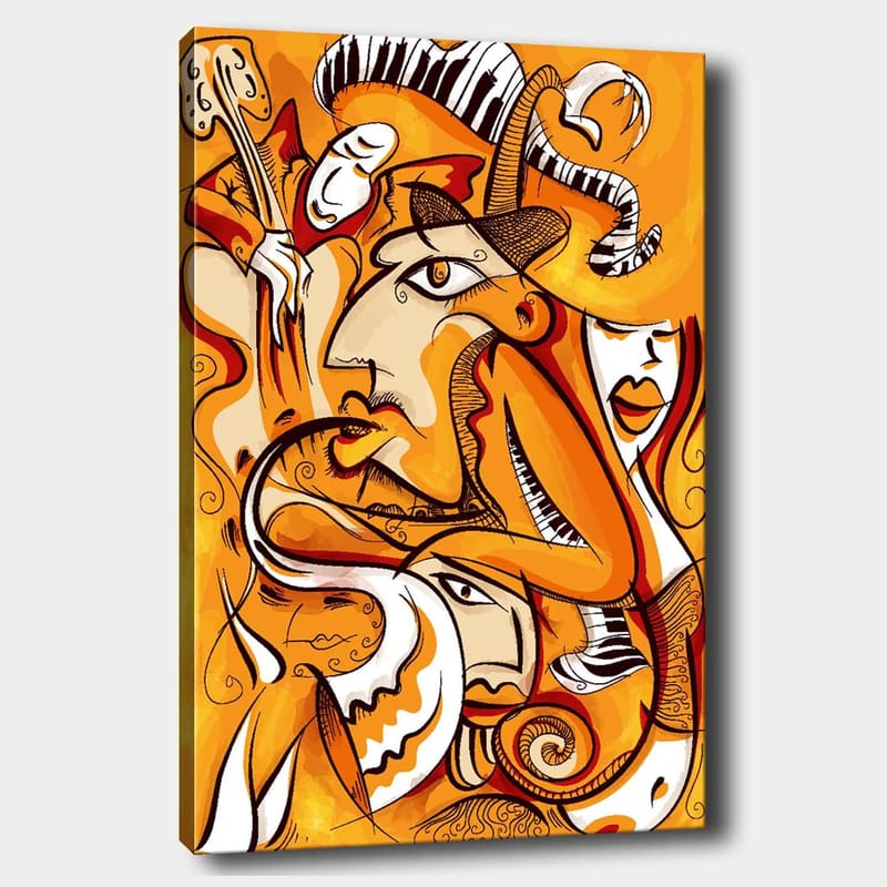 Lærred 70x100 cm - Abstrakt komposition af ansigter og former i varme orange nuancer - Orange / Hvid / Sort - Boligtilbehør - Billeder & kunst - Billeder på lærred