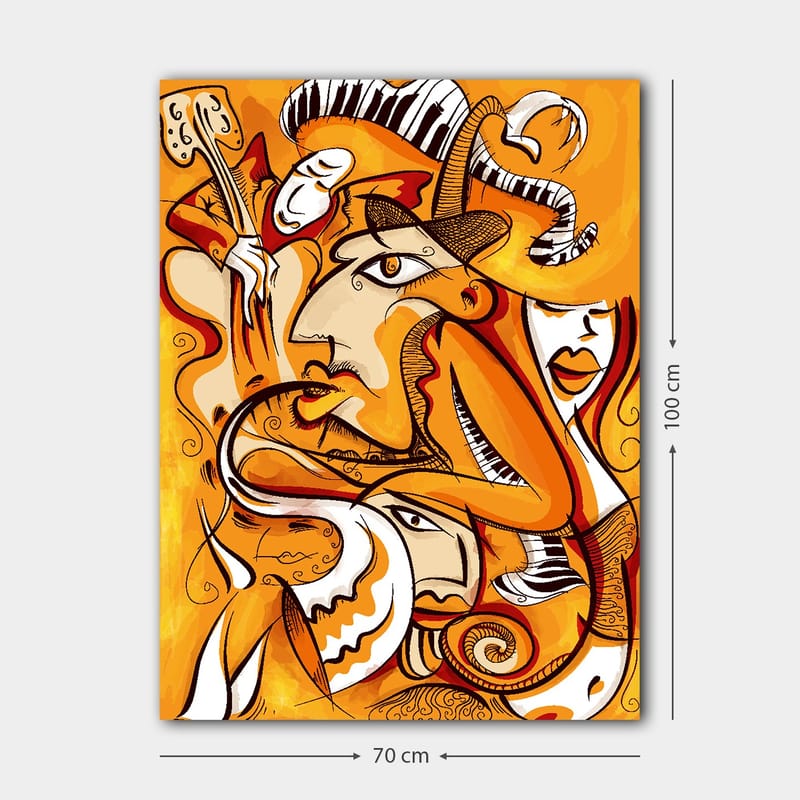 Lærred 70x100 cm - Abstrakt komposition af ansigter og former i varme orange nuancer - Orange / Hvid / Sort - Boligtilbehør - Billeder & kunst - Billeder på lærred