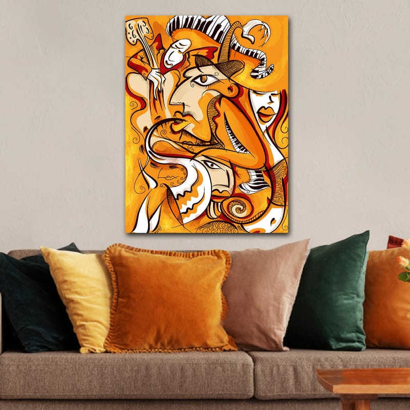 Lærred 70x100 cm - Abstrakt komposition af ansigter og former i varme orange nuancer - Orange / Hvid / Sort - Boligtilbehør - Billeder & kunst - Billeder på lærred