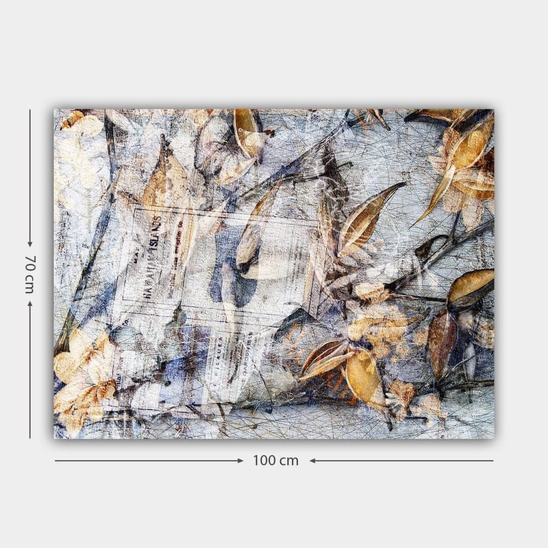 Lærred 70x100 cm - Abstrakt komposition af blade og avispapir, der skaber en følelse af natur og tidens gang - Grå / Beige / Brun - Boligtilbehør - Billeder & kunst - Billeder på lærred