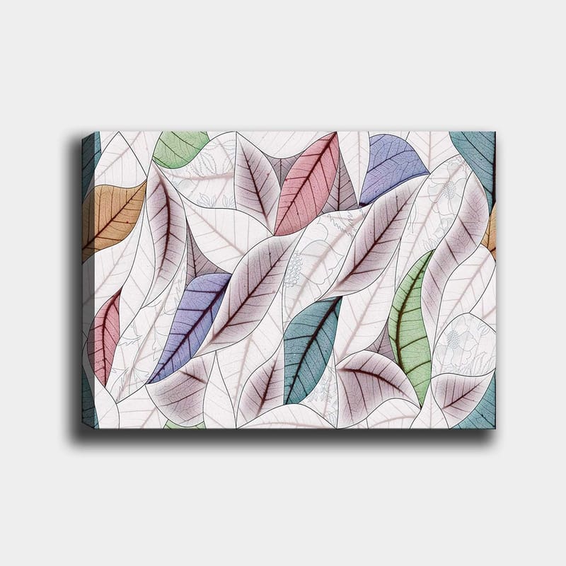 Lærred 70x100 cm - Abstrakt komposition af farverige blade i forskellige former og nuancer, Grøn / Rød / Blå