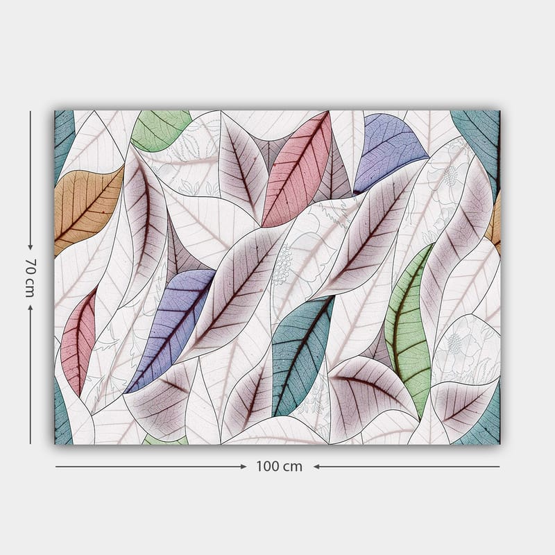 Lærred 70x100 cm - Abstrakt komposition af farverige blade i forskellige former og nuancer - Grøn / Rød / Blå - Boligtilbehør - Billeder & kunst - Billeder på lærred