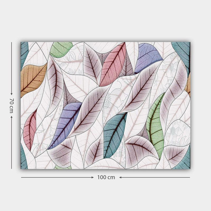 Lærred 70x100 cm - Abstrakt komposition af farverige blade i forskellige former og nuancer - Grøn / Rød / Blå - Boligtilbehør - Billeder & kunst - Billeder på lærred